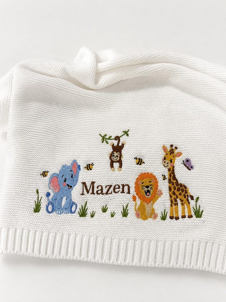 Custom Safari Embroidered Baby Blanket, Personalized Name Jungle Animal Blanket, Gift For Newborn, Nursery Keepsake Gift