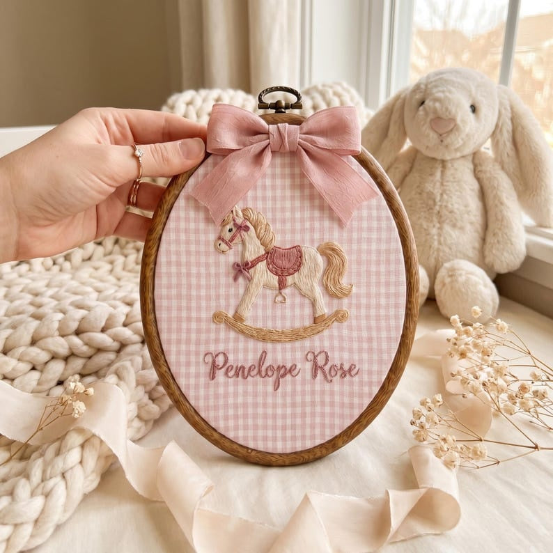 Personalized Embroidered Baby Name Hoop, Custom Rocking Horse Nursery Wall Decor, Custom Baby Name Sign, Baby Shower Gift, Newborn Keepsake