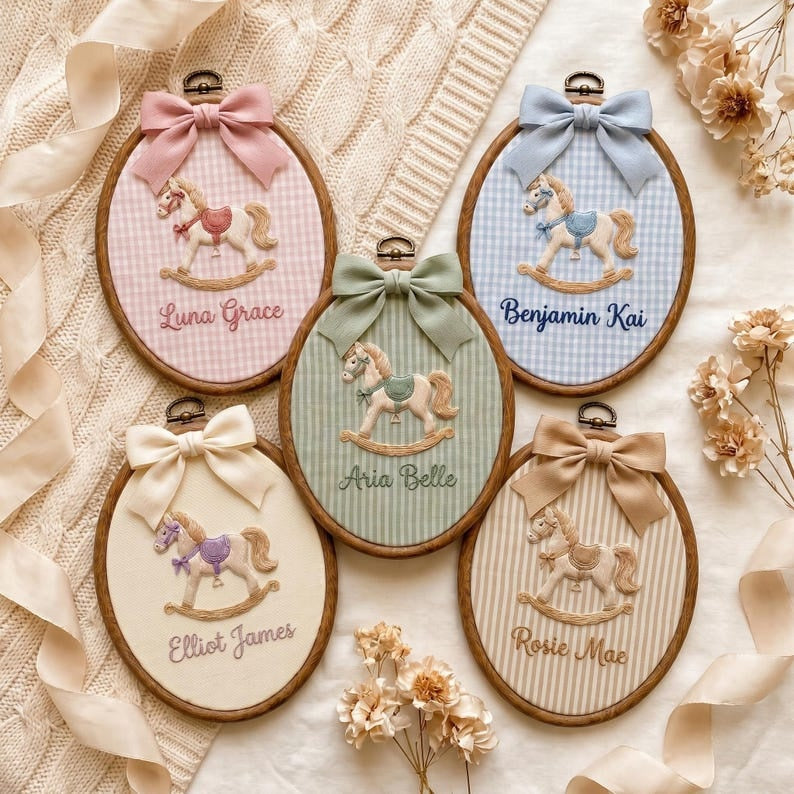 Personalized Embroidered Baby Name Hoop, Custom Rocking Horse Nursery Wall Decor, Custom Baby Name Sign, Baby Shower Gift, Newborn Keepsake