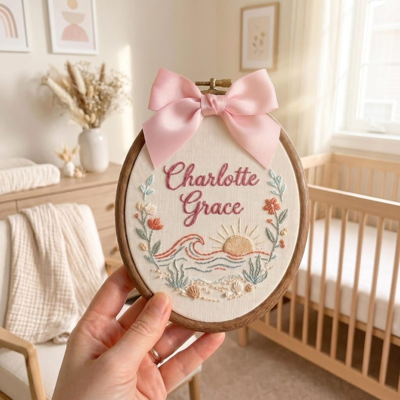 Personalized Embroidered Baby Name Hoop, Custom Ocean Nursery Wall Decor, Sunrise Baby Name Sign, Coastal Baby Shower Gift, Baby Room Decor