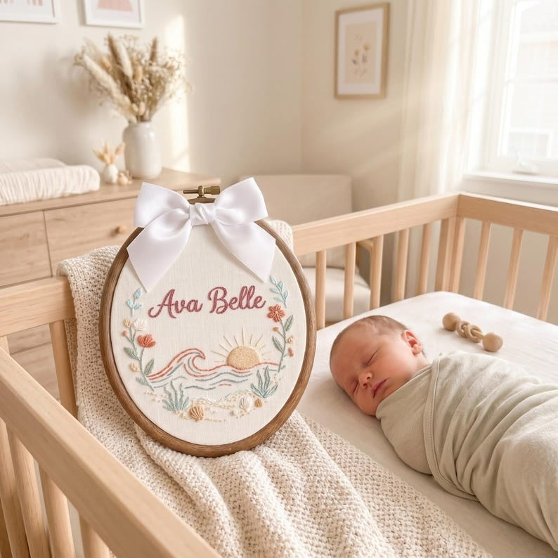 Personalized Embroidered Baby Name Hoop, Custom Ocean Nursery Wall Decor, Sunrise Baby Name Sign, Coastal Baby Shower Gift, Baby Room Decor