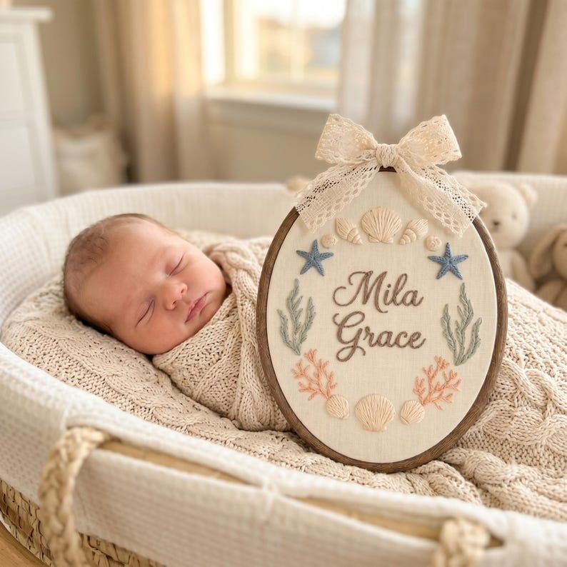 Personalized Embroidered Baby Name Hoop, Custom Seashell Nursery Wall Decor, Baby Name Sign, Coastal Nursery Decor, Baby Shower Gift