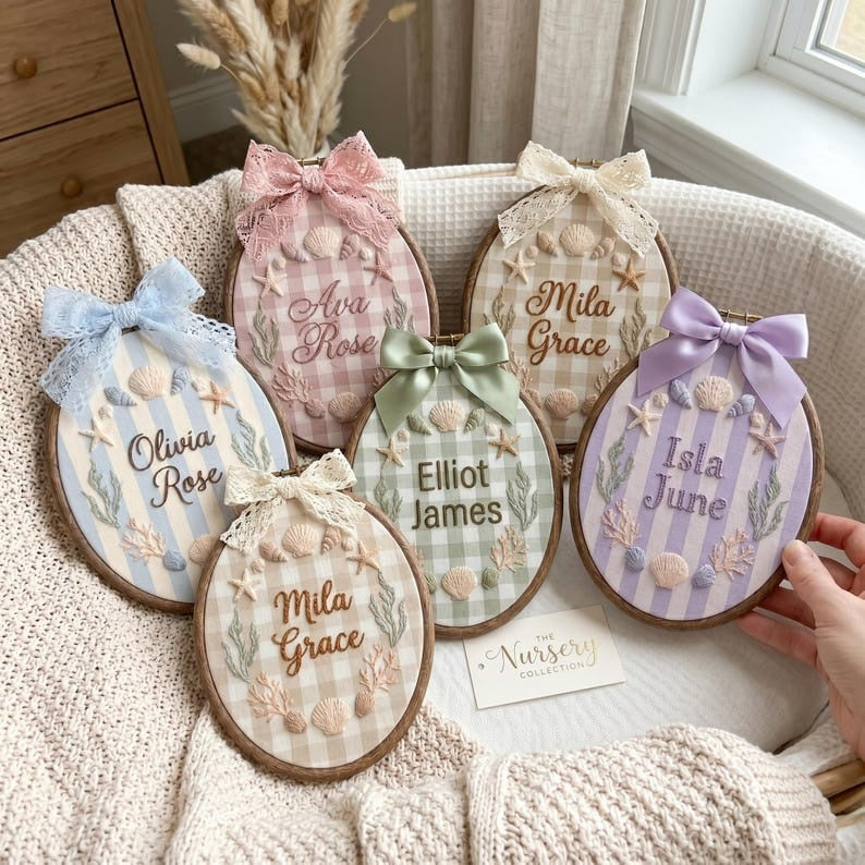 Personalized Embroidered Baby Name Hoop, Custom Seashell Nursery Wall Decor, Baby Name Sign, Coastal Nursery Decor, Baby Shower Gift