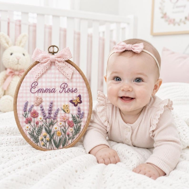 Personalized Wildflower Embroidered Baby Name Hoop, Custom Lavender Nursery Wall Decor, Floral Baby Name Sign, Baby Shower Gift, Newborn Gift