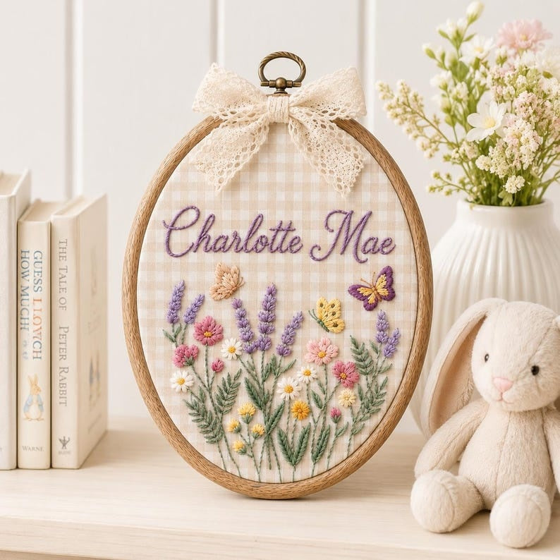 Personalized Wildflower Embroidered Baby Name Hoop, Custom Lavender Nursery Wall Decor, Floral Baby Name Sign, Baby Shower Gift, Newborn Gift
