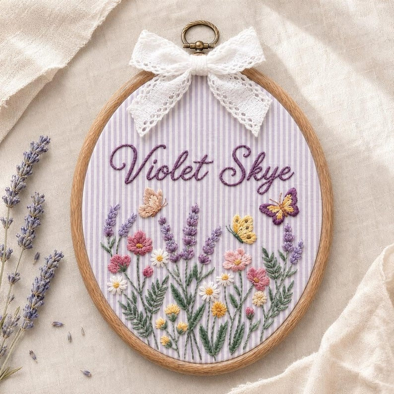 Personalized Wildflower Embroidered Baby Name Hoop, Custom Lavender Nursery Wall Decor, Floral Baby Name Sign, Baby Shower Gift, Newborn Gift