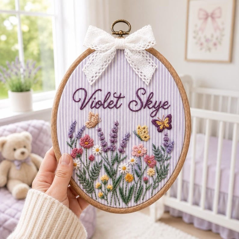 Personalized Wildflower Embroidered Baby Name Hoop, Custom Lavender Nursery Wall Decor, Floral Baby Name Sign, Baby Shower Gift, Newborn Gift