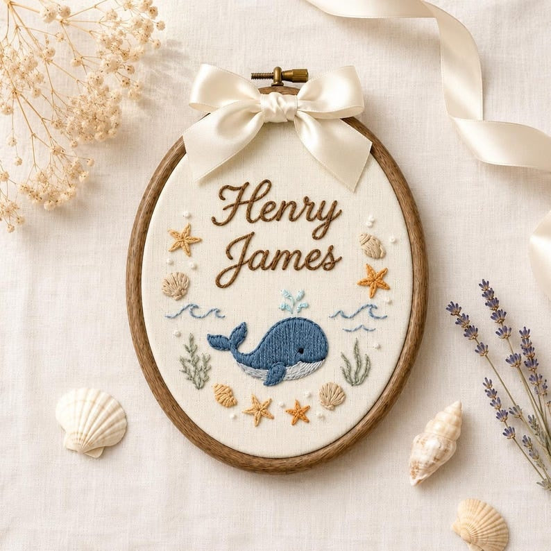 Personalized Whale Baby Name Sign, Custom Embroidered Name Hoop, Ocean Baby Nursery Wall Decor, Baby Name Announcement, Newborn Keepsake
