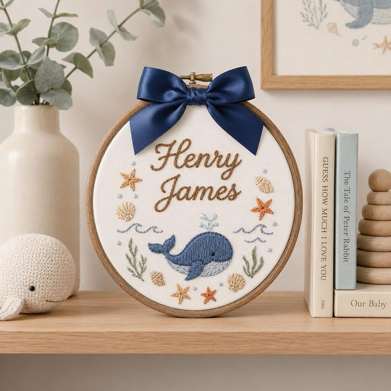 Personalized Whale Baby Name Sign, Custom Embroidered Name Hoop, Ocean Baby Nursery Wall Decor, Baby Name Announcement, Newborn Keepsake