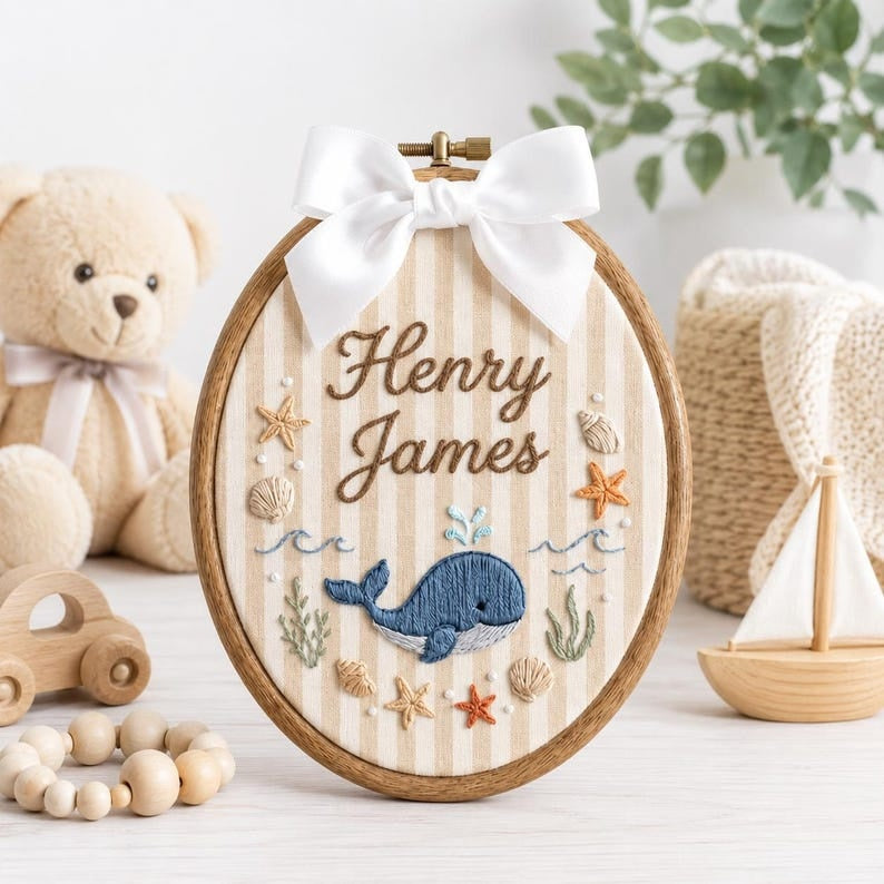 Personalized Whale Baby Name Sign, Custom Embroidered Name Hoop, Ocean Baby Nursery Wall Decor, Baby Name Announcement, Newborn Keepsake