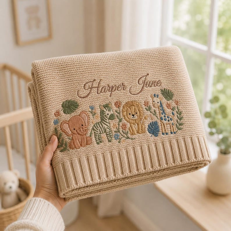 Personalized Embroidered Woodland Baby Blanket, Custom Safari Animal Name Knit Blanket, Jungle Baby Shower Gift, Nursery Keepsake Gift