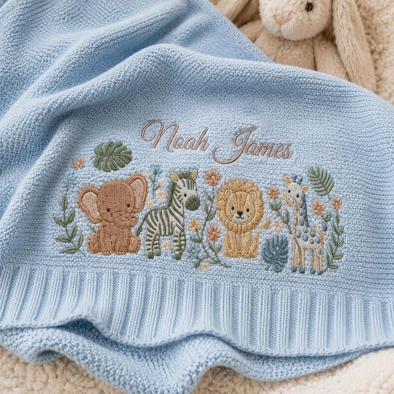 Personalized Embroidered Woodland Baby Blanket, Custom Safari Animal Name Knit Blanket, Jungle Baby Shower Gift, Nursery Keepsake Gift