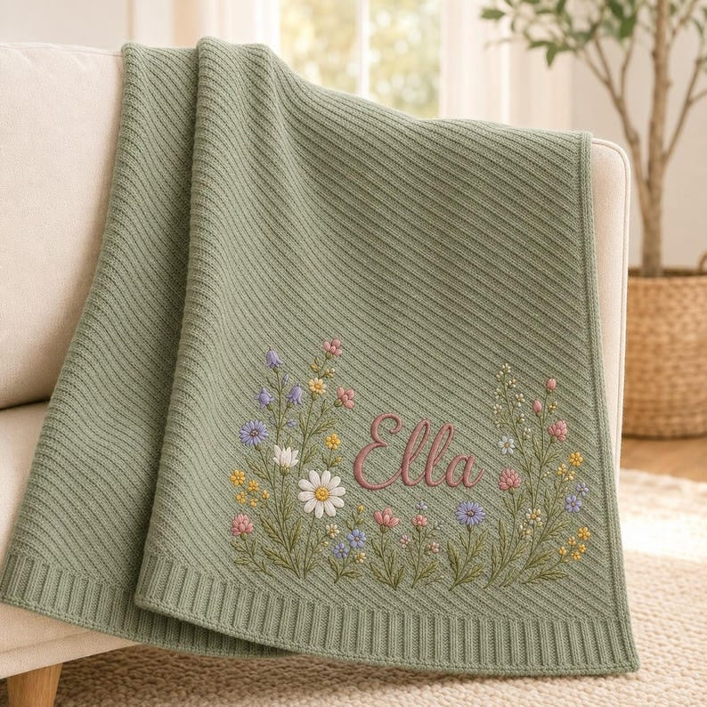 Personalized Baby Blanket, Custom Name Embroidered, Wildflower Floral Design, Soft Knit Nursery Keepsake, Baby Shower Gift