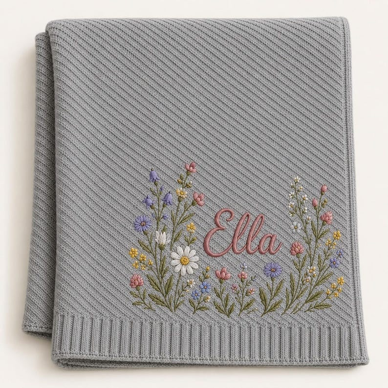 Personalized Baby Blanket, Custom Name Embroidered, Wildflower Floral Design, Soft Knit Nursery Keepsake, Baby Shower Gift