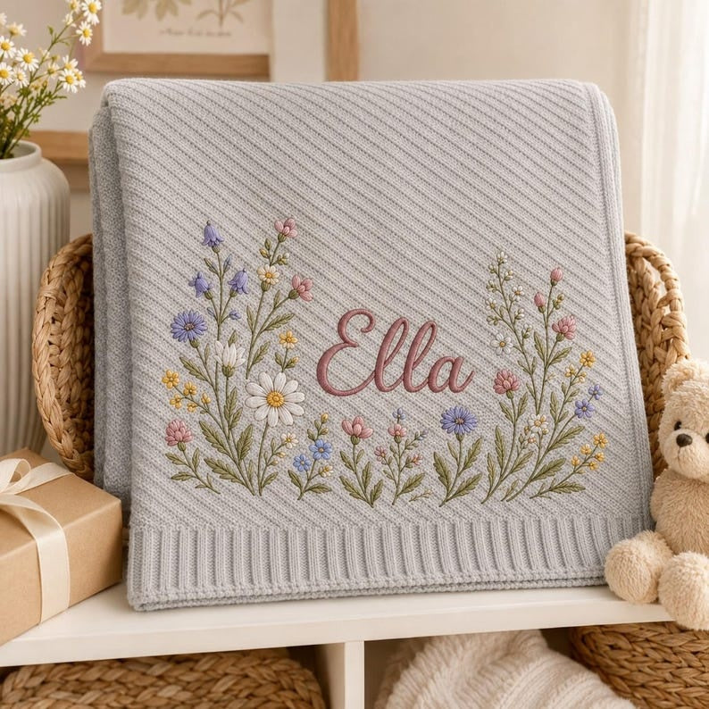 Personalized Baby Blanket, Custom Name Embroidered, Wildflower Floral Design, Soft Knit Nursery Keepsake, Baby Shower Gift