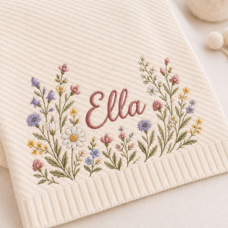 Personalized Baby Blanket, Custom Name Embroidered, Wildflower Floral Design, Soft Knit Nursery Keepsake, Baby Shower Gift
