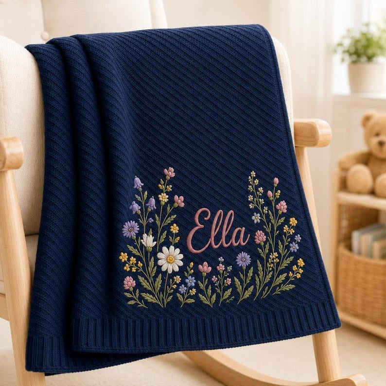Personalized Baby Blanket, Custom Name Embroidered, Wildflower Floral Design, Soft Knit Nursery Keepsake, Baby Shower Gift