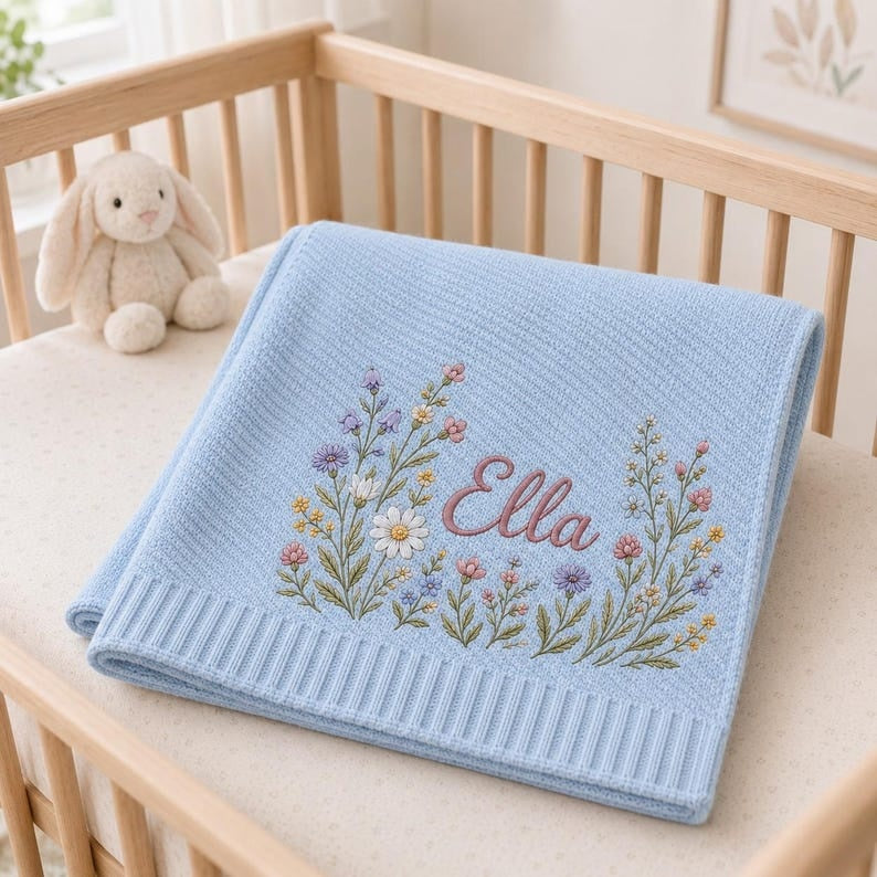 Personalized Baby Blanket, Custom Name Embroidered, Wildflower Floral Design, Soft Knit Nursery Keepsake, Baby Shower Gift