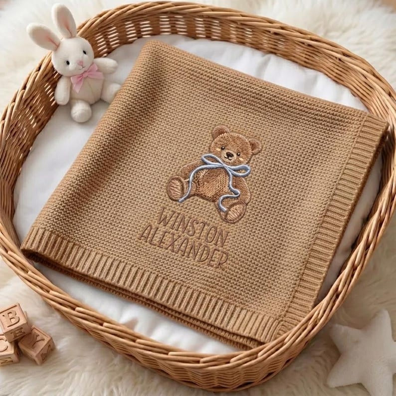 Personalized Embroidered Teddy Bear Baby Blanket with Name - Custom Knit Newborn Gift, Gift For Baby, Nursery Keepsake, Newborn Gift