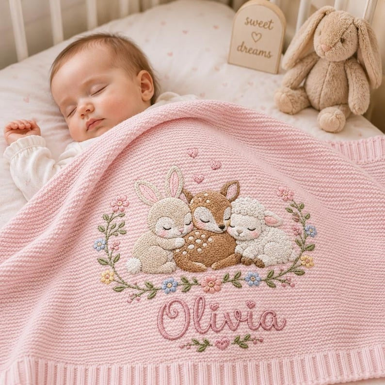 Personalized Baby Blanket With Name, Pink Knit Embroidered Woodland Animals Nursery Gift for Newborn Girl, Custom Olivia Baby Shower Keepsake