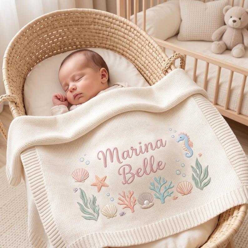Personalized Embroidered Baby Blanket, Custom Newborn Name Blanket, Ocean Nursery Gift, Baby Shower Keepsake, Seashell Blanket