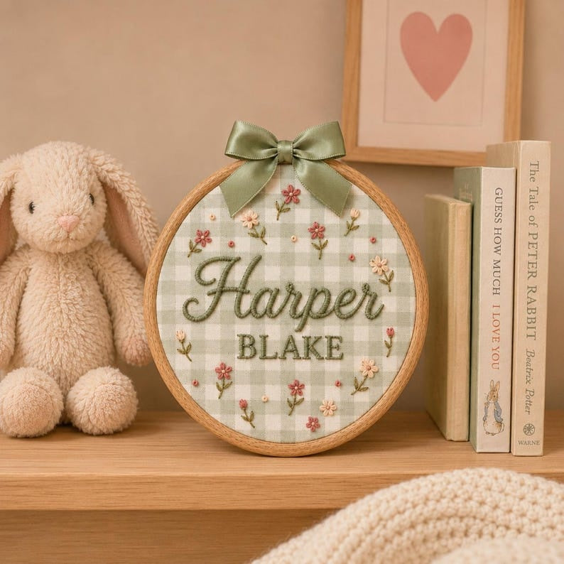 Personalized Embroidered Floral Baby Name Hoop, Baby Name Reveal Sign Heirloom, Baby Name Wall Decor, Baby Shower Gift, Newborn Keepsake