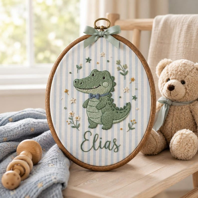 Personalized Baby Alligator Embroidery Hoop, Custom Nursery Name Sign, Crocodile Wall Decor, Baby Shower Gift, Woodland Nursery