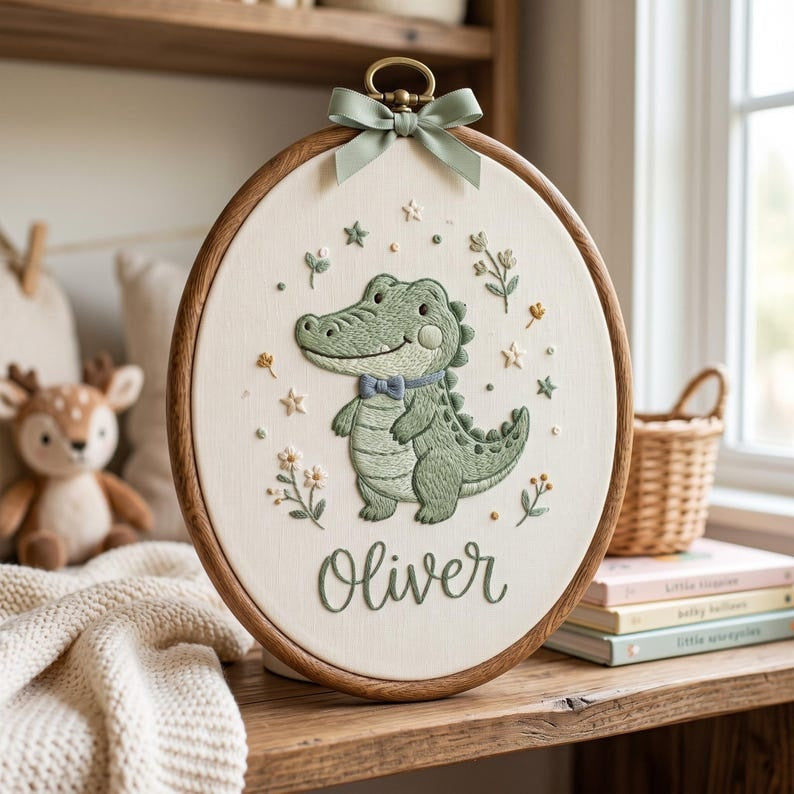 Personalized Baby Alligator Embroidery Hoop, Custom Nursery Name Sign, Crocodile Wall Decor, Baby Shower Gift, Woodland Nursery