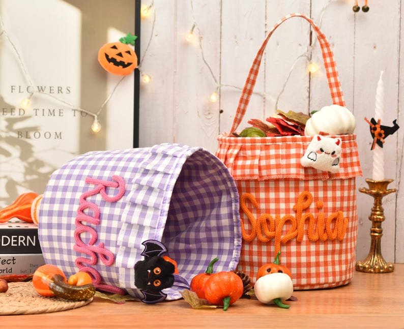 Halloween Basket Ruffle Personalized, Plaid Trick or Treat Bag with Custom Name, Halloween Candy Bucket for Kids, Halloween Storage Basket Gift