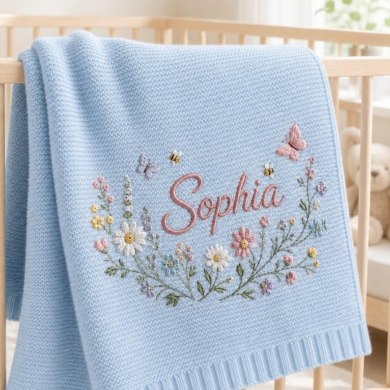 Personalized Floral Wreath Baby Blanket – Custom Name Embroidered Knit Blanket with Butterflies & Bees
