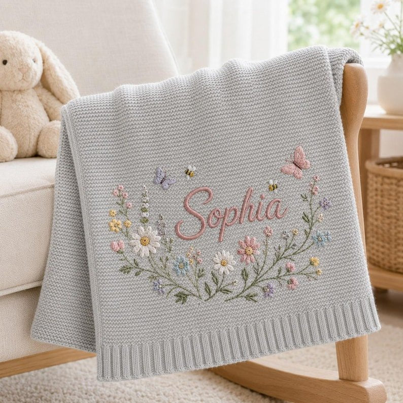 Personalized Floral Wreath Baby Blanket – Custom Name Embroidered Knit Blanket with Butterflies & Bees