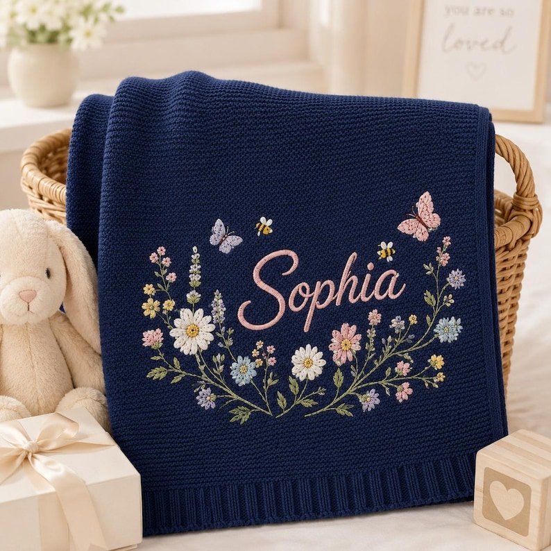 Personalized Floral Wreath Baby Blanket – Custom Name Embroidered Knit Blanket with Butterflies & Bees