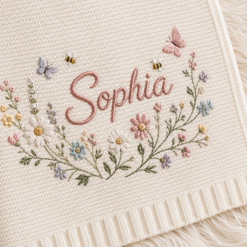 Personalized Floral Wreath Baby Blanket – Custom Name Embroidered Knit Blanket with Butterflies & Bees