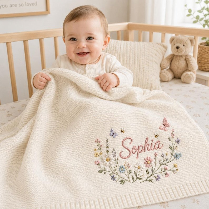 Personalized Floral Wreath Baby Blanket – Custom Name Embroidered Knit Blanket with Butterflies & Bees