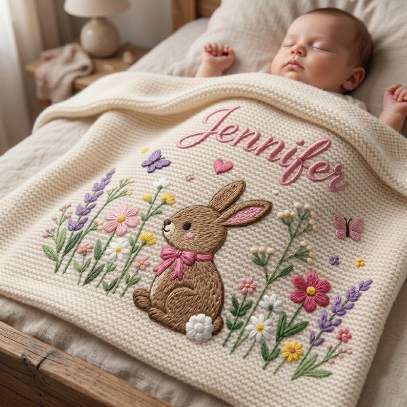 Personalized Embroidered Bunny Baby Blanket with Name - Custom Knit Lavender Meadow Newborn Gift, Gift for Baby Girl, Welcome Baby Blanket