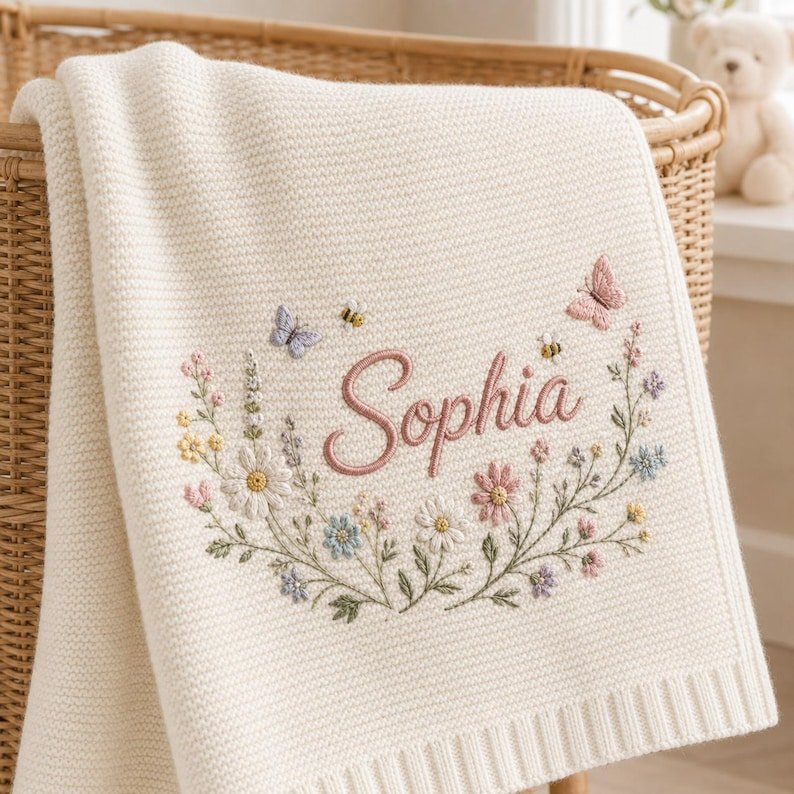 Personalized Floral Wreath Baby Blanket – Custom Name Embroidered Knit Blanket with Butterflies & Bees