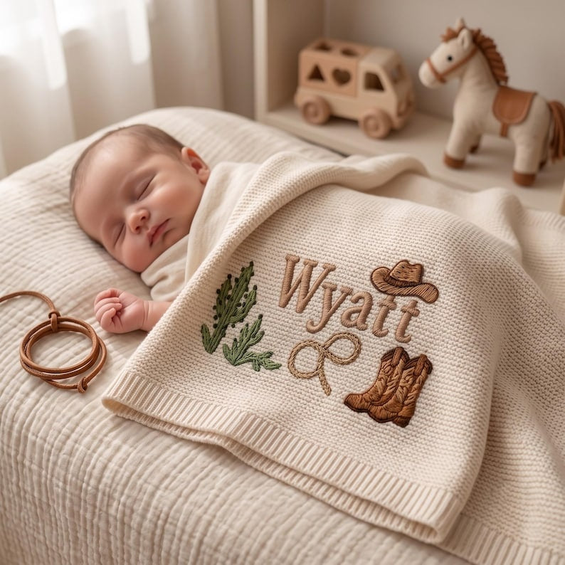 Personalized Cowboy Embroidered Baby Blanket with Name, Custom Western Cactus Boots Hat Knit Newborn Gift, Baby Gift, Baby Keepsake Gift