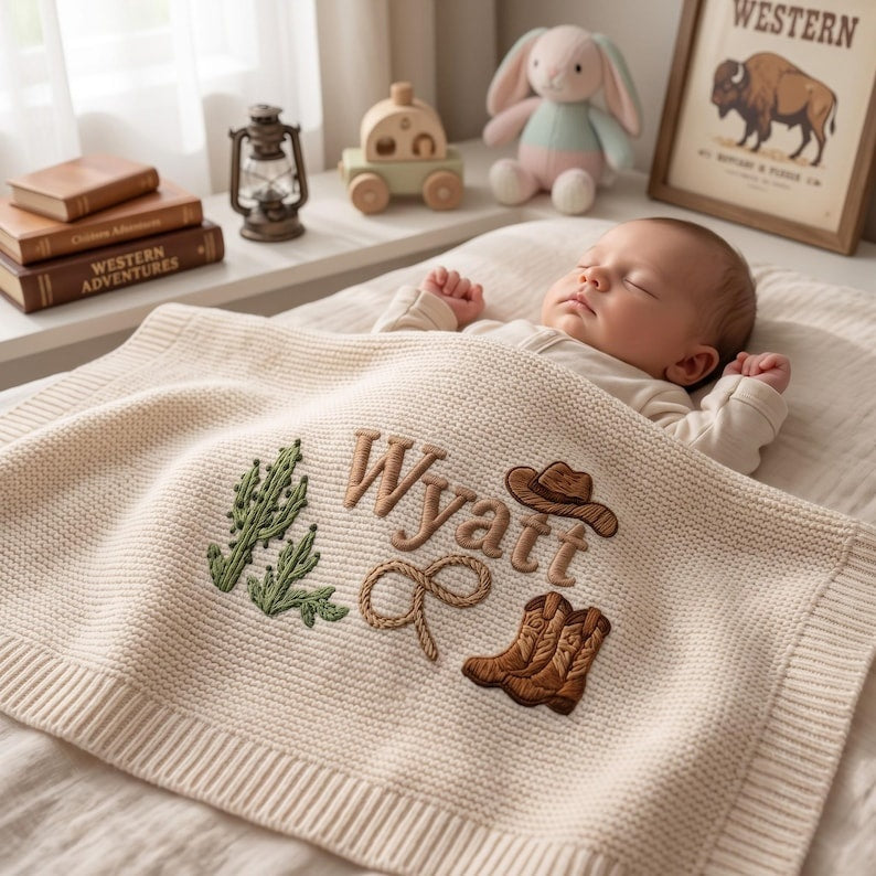 Personalized Cowboy Embroidered Baby Blanket with Name, Custom Western Cactus Boots Hat Knit Newborn Gift, Baby Gift, Baby Keepsake Gift