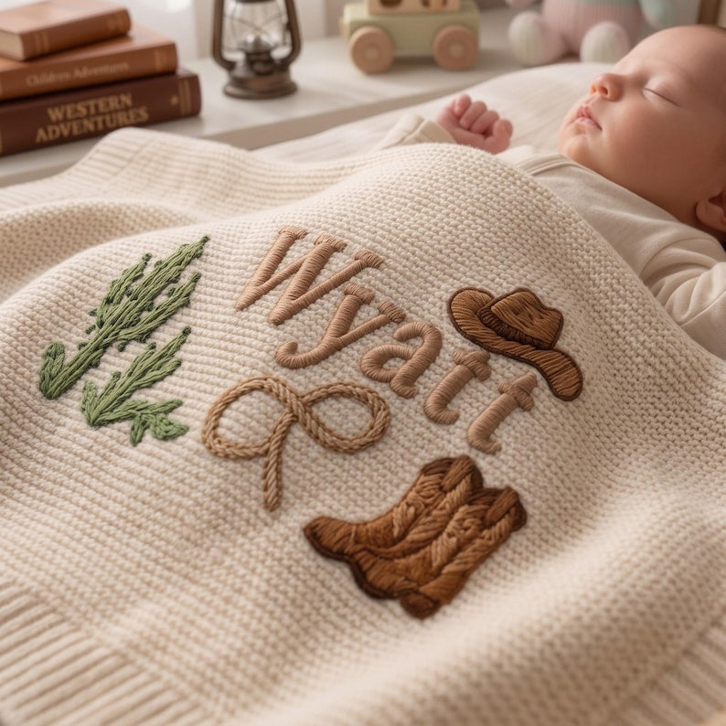 Personalized Cowboy Embroidered Baby Blanket with Name, Custom Western Cactus Boots Hat Knit Newborn Gift, Baby Gift, Baby Keepsake Gift