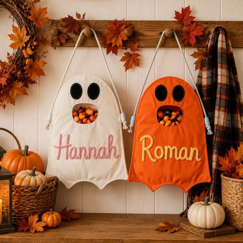 Personalized Ghost Halloween Candy Bag, Custom Name Trick or Treat Bucket