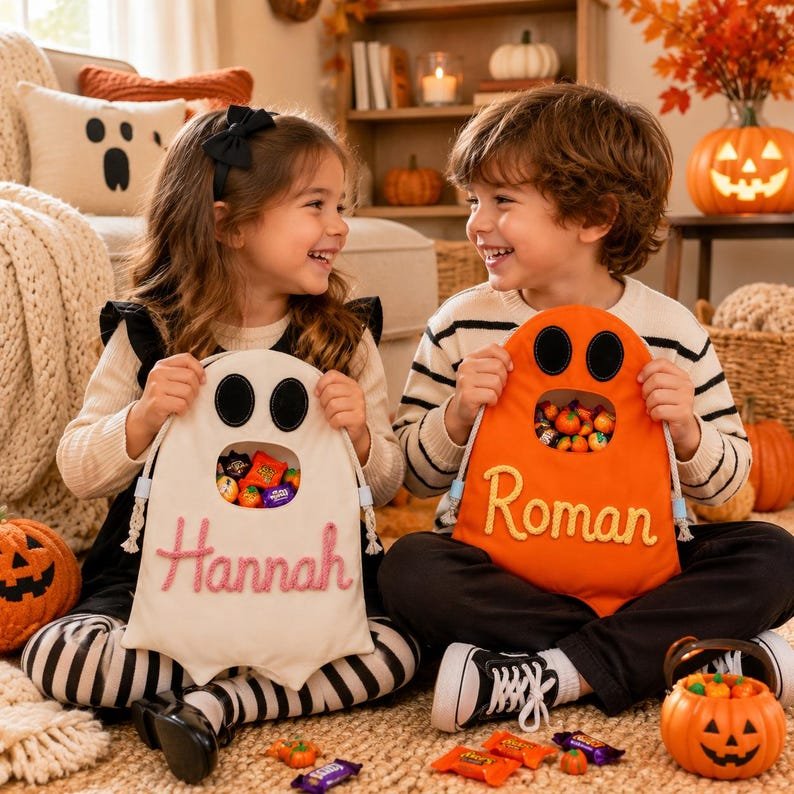 Personalized Ghost Halloween Candy Bag, Custom Name Trick or Treat Bucket