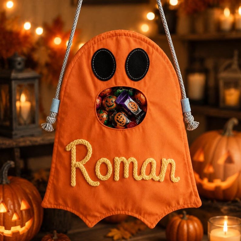 Personalized Ghost Halloween Candy Bag, Custom Name Trick or Treat Bucket
