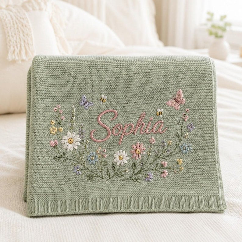 Personalized Floral Wreath Baby Blanket – Custom Name Embroidered Knit Blanket with Butterflies & Bees