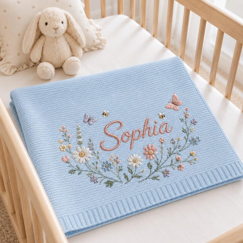 Personalized Floral Wreath Baby Blanket – Custom Name Embroidered Knit Blanket with Butterflies & Bees