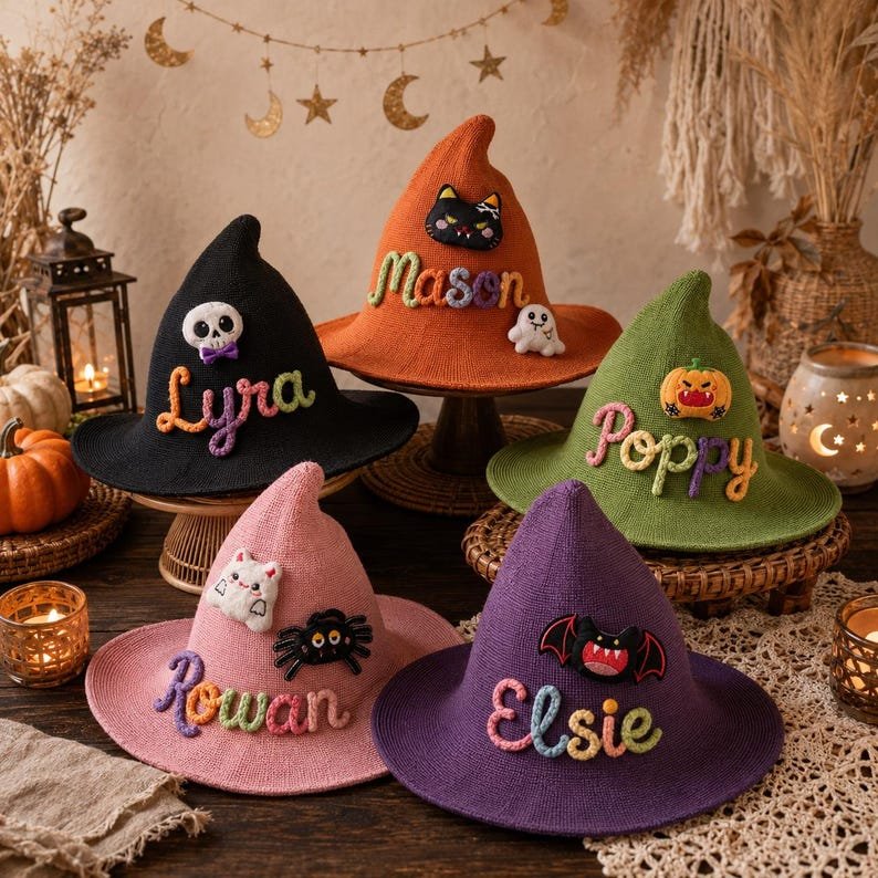 Personalized Kids Witch Hat, Custom Name Halloween Witch Hat, Embroidered Witch Costume Hat, Toddler Trick or Treat Hat, Halloween Gift