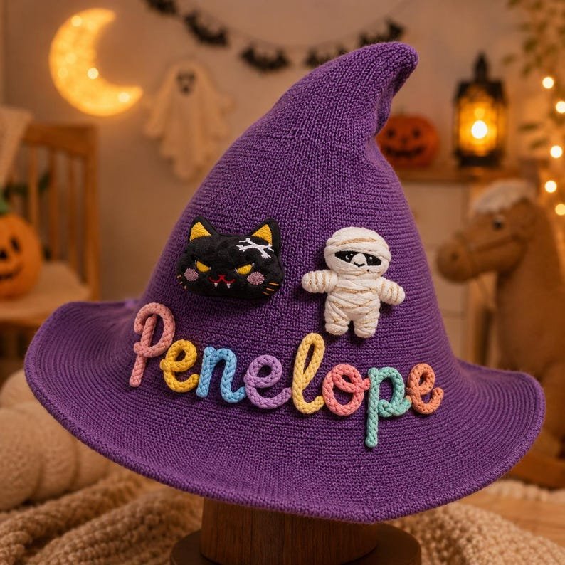 Personalized Kids Witch Hat, Custom Name Halloween Witch Hat, Embroidered Witch Costume Hat, Toddler Trick or Treat Hat, Halloween Gift