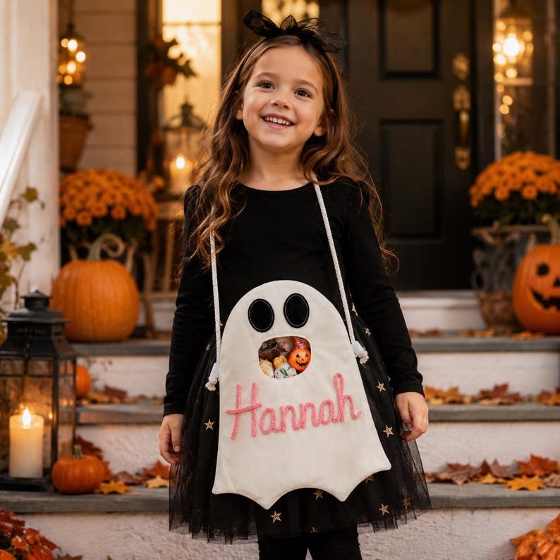 Personalized Ghost Halloween Candy Bag, Custom Name Trick or Treat Bucket