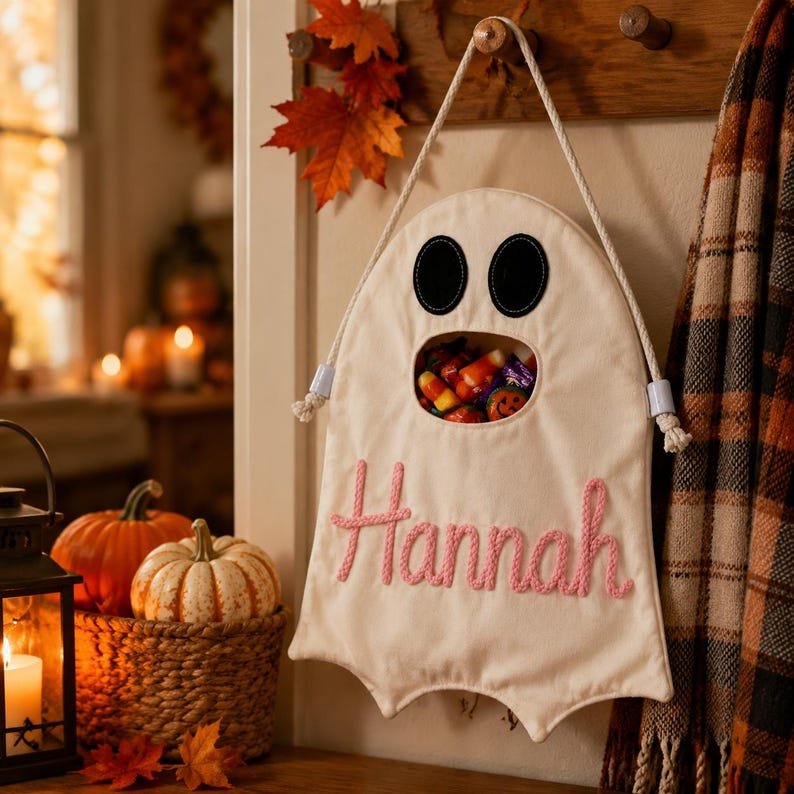 Personalized Ghost Halloween Candy Bag, Custom Name Trick or Treat Bucket