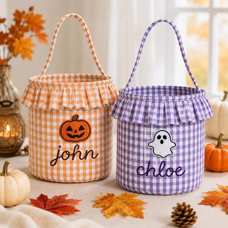 Custom Plaid Halloween Treat Bucket, Embroidered Candy Sack, Spooky Season Bag