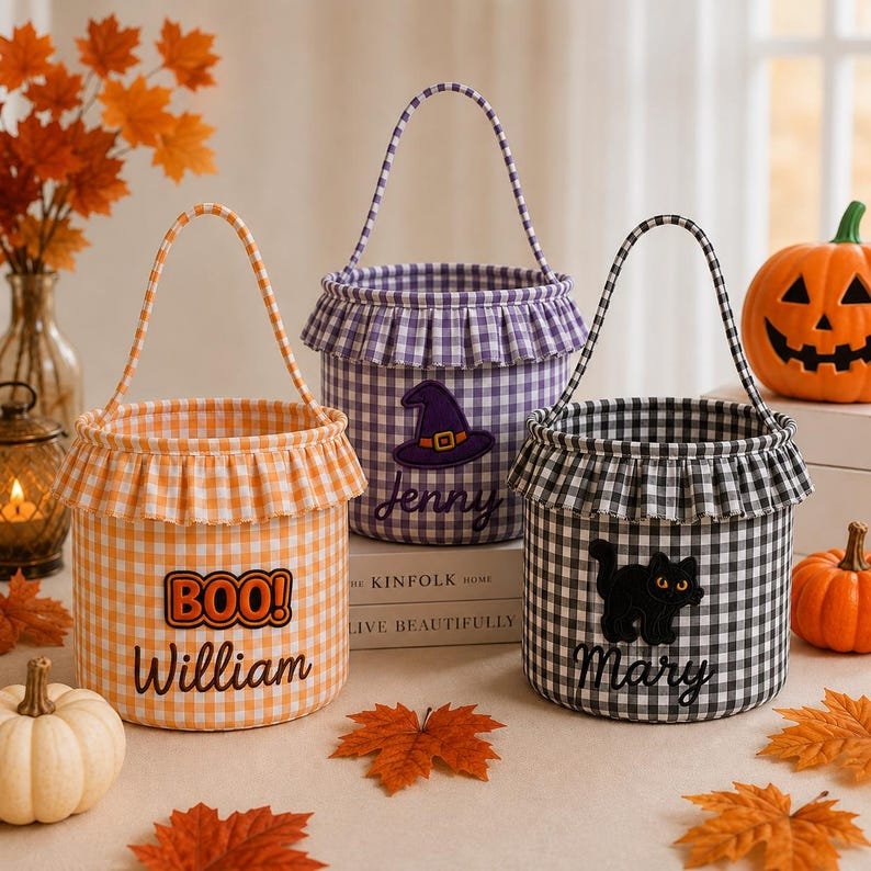 Custom Plaid Halloween Treat Bucket, Embroidered Candy Sack, Spooky Season Bag